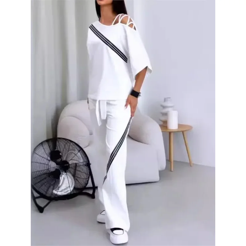 2025 nowych moda Off-shoulder z krótkim rękawem Top spodnie na co dzień dwuczęściowy strój sportowy wiosna lato elegancki WhiBear House 002