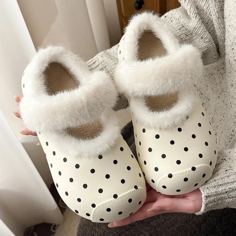 Small polka dot velvet Mary Jane shoes women's autumn and winter waterproof, warm and non-slip plush leopard print cotton shoes