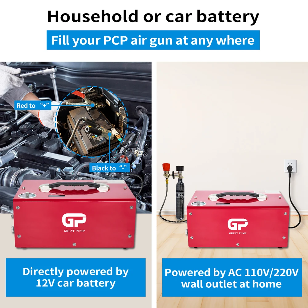 4500Psi 300Bar PCP Compressor High Pressure Built-in 12V Power Auto Stop Compressor Oil/Water Free for PCP Rifle Airgun GPES062