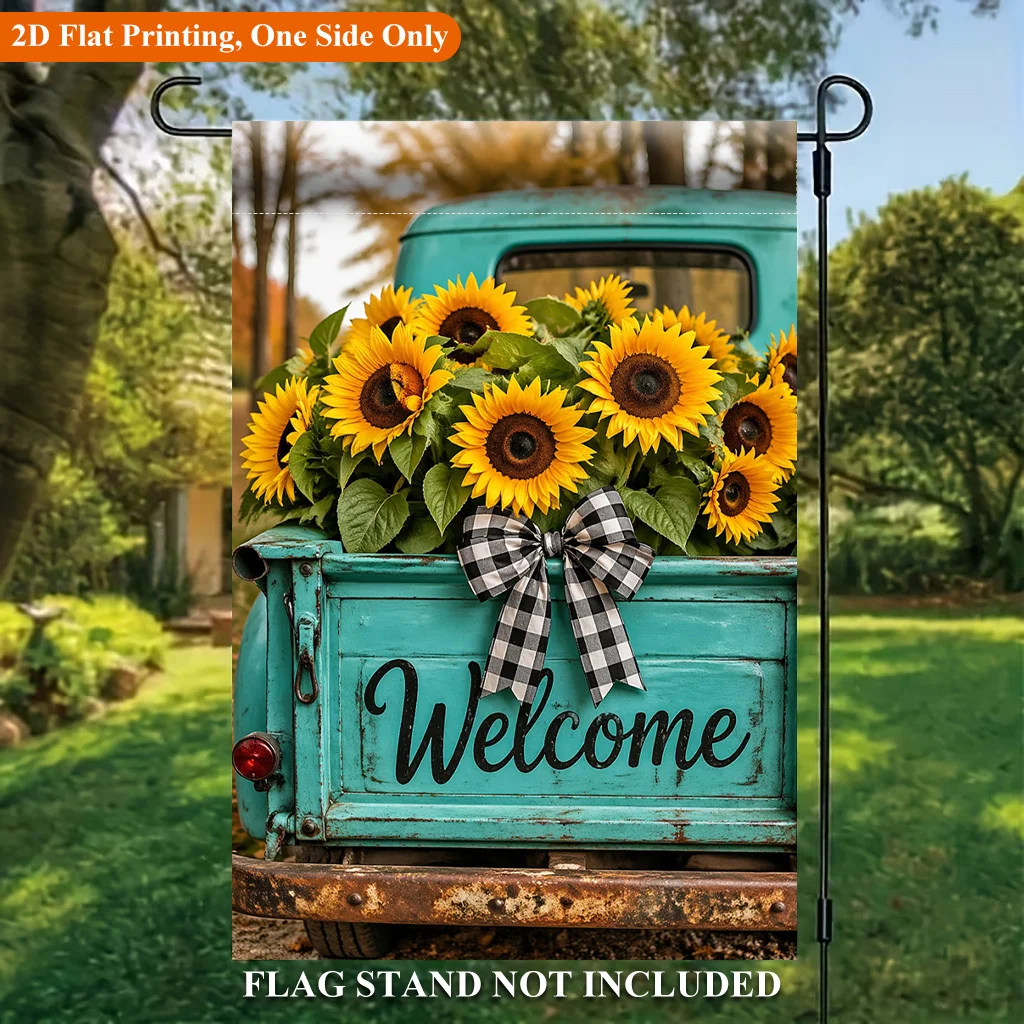 2D Flat Garden Flag 1 Piece, Sunflower Truck Welcome Decoration, Holiday Yard Outdoor Flag, Suitable for Outdoor Home and Yard Holiday Decoration, Valentine's Day, Mother's Day Christmas, Thanksgiving, Halloween, Flagpole Free