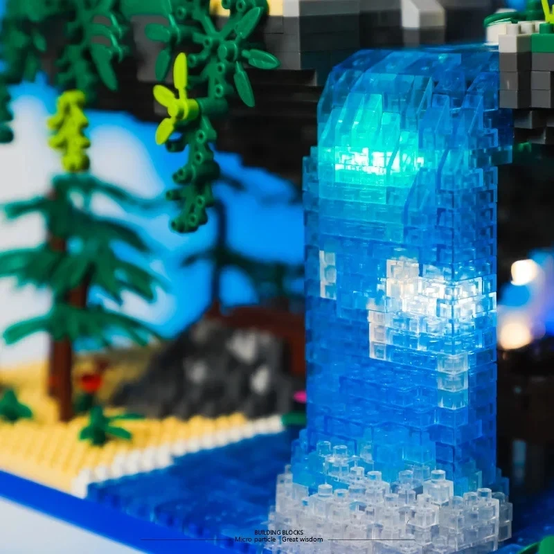 Blocos de construção de arquitetura urbana, mini casa de árvore, lago de flores de pêssego com conjunto de luz, brinquedo infantil, presente de feriado e natal