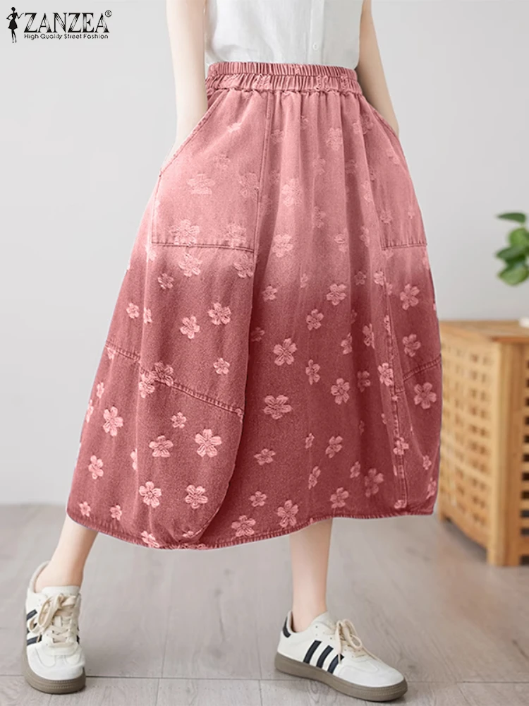 ZANZEA 2025 التنانير الربيعية النسائية جيوب أنيقة قيعان طويلة ملابس العمل غير رسمية فضفاضة مطبوعة ألف خط مرونة الخصر التنانير