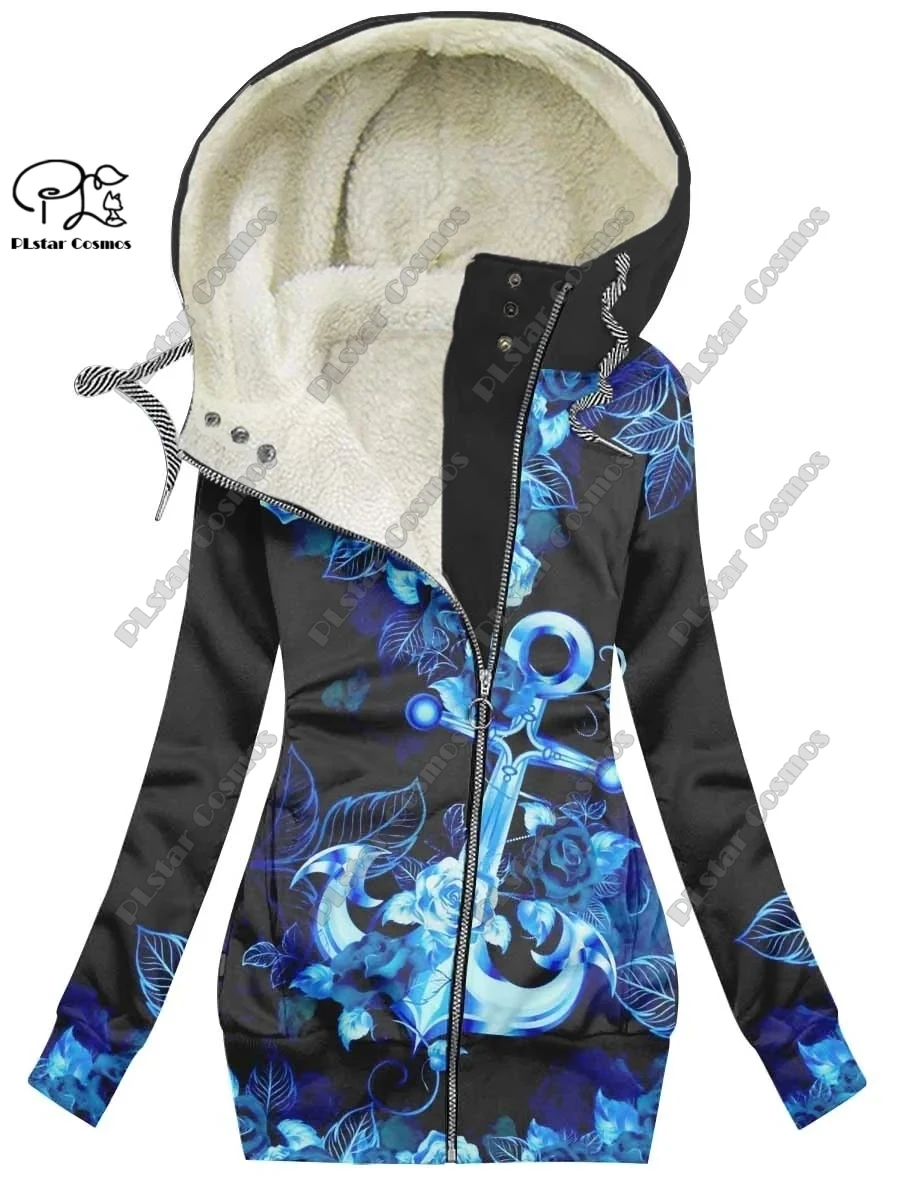 New 3D printing retro series floral and animal patterns plus velvet and warm women\'s long zipper sweatshirt casual winter L-30