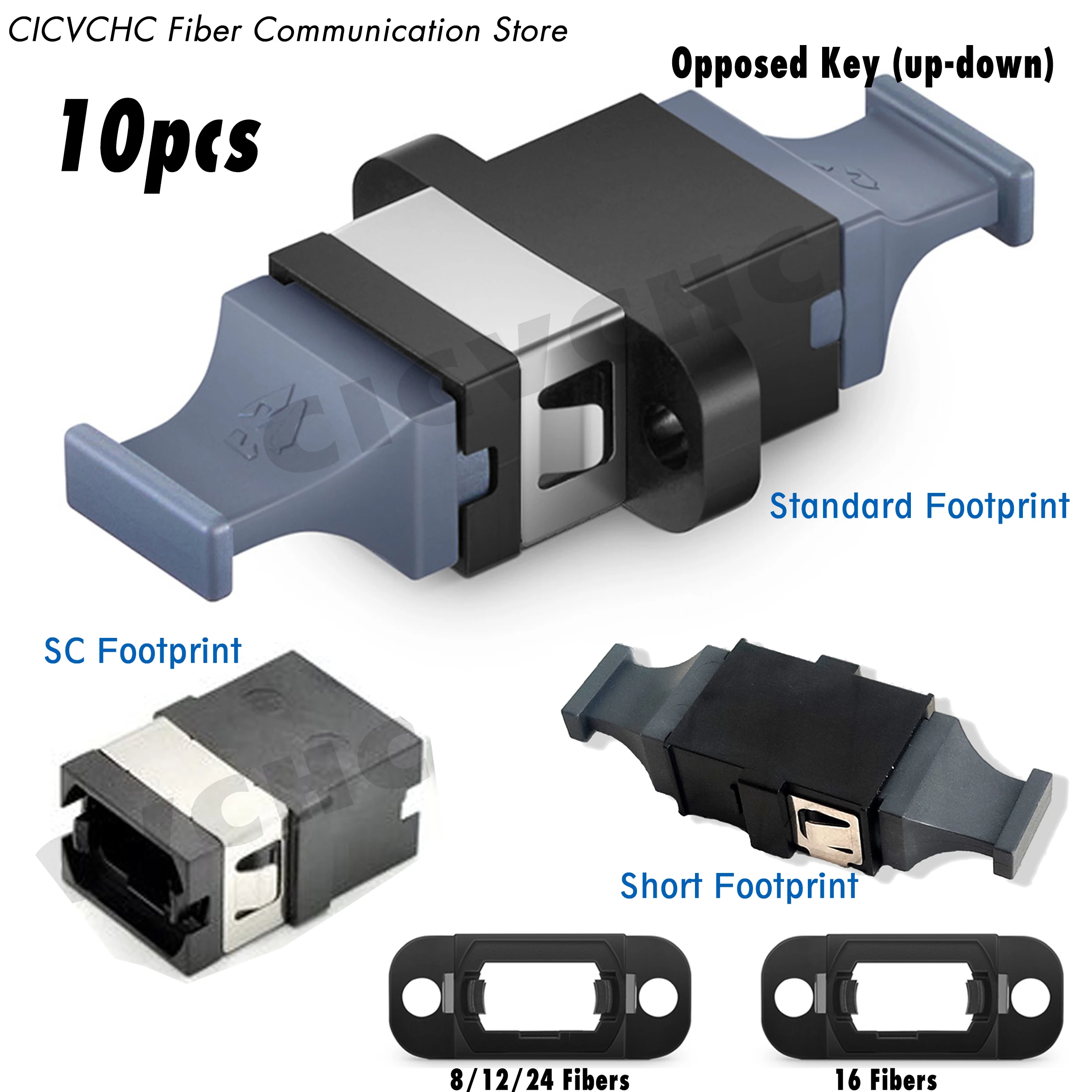 

10pcs MPO Adapter with Standard Footprint, Reduced Flange, SC type, Opposed Key (up-down), 12, 16, 24 Fibers