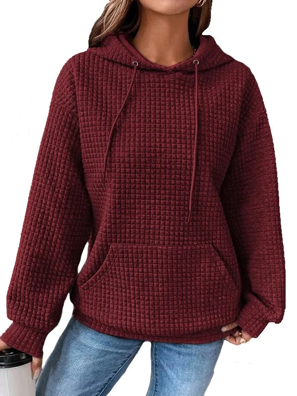 Women's Hooded Sweatshirt Spring and Autumn Style Waffle Fashion Beautiful Solid Color Hooded Drawstring Loose Sweatshirt