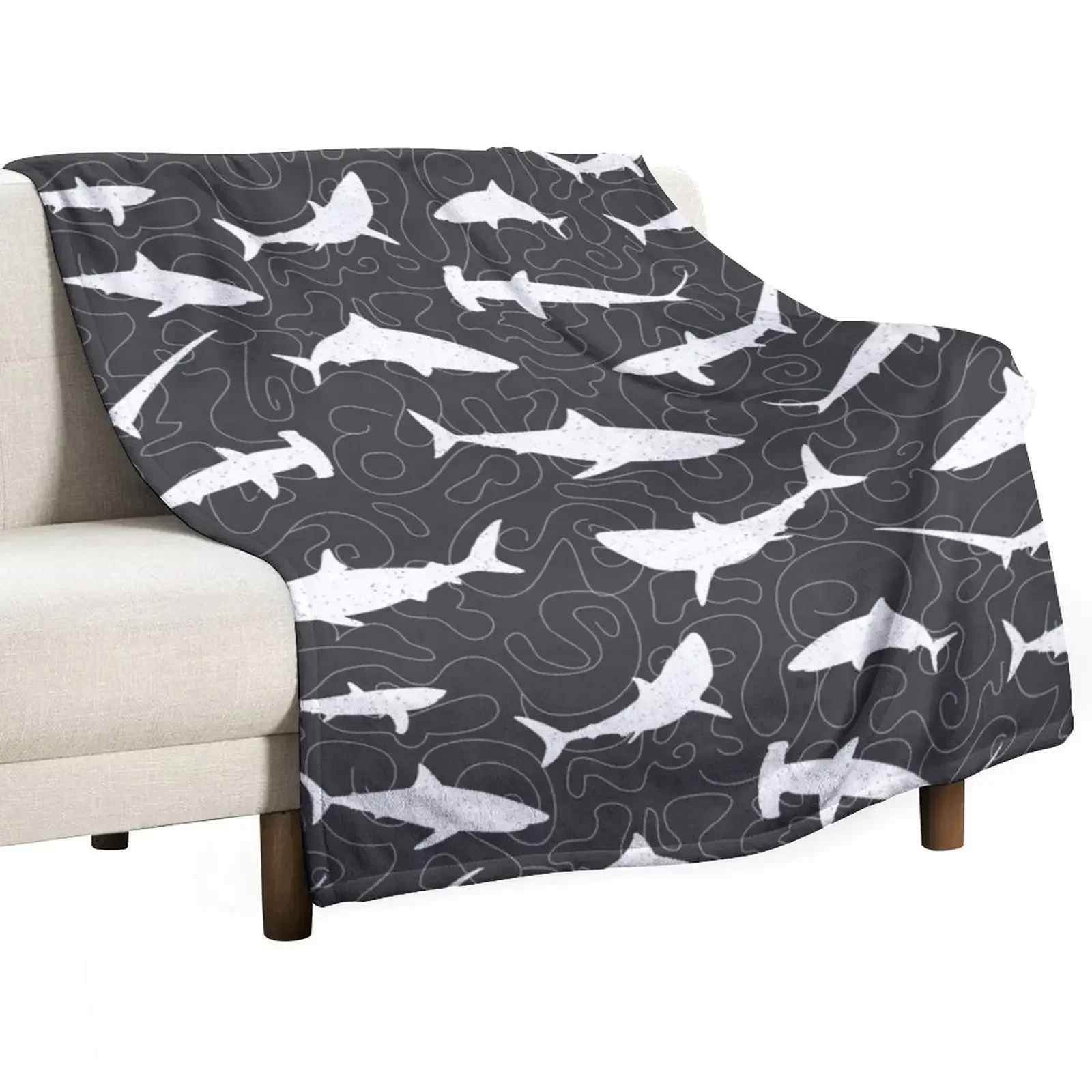 

Shark Frenzy Pattern on Charcoal Grey Throw Blanket Large Soft Plaid Nap Soft Beds Blankets