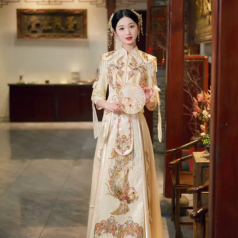 Bridal Chinese Style Sparkly Champagne Sequins Cheongsam Beading Tassels Wedding Dress Phoenix Embroidery Toast Clothing