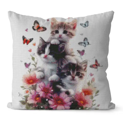 Cat Cross Stitch Pillow Kit Flower Printed Canvas 11CT Needlework Set Cartoon Handmade Craft Living Room Accessories