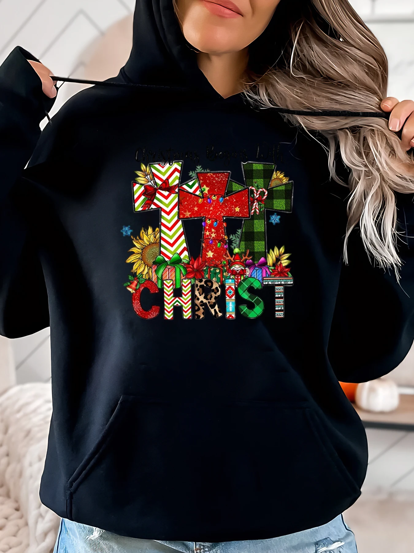

Christmas Gift Pattern Christmas Hoodie Women Casual Winter Wear Black Plus-Size