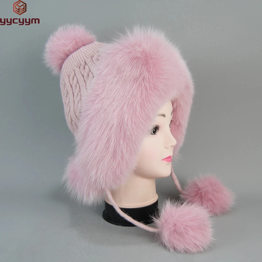 

Women Autumn Winter 100% Real Fox Fur Bomber Hat Thick Female Fluffy Pompom Outdoor Warm Windproof Earflap Trapper Snow Ski Caps