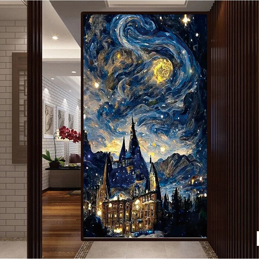 Starry night sky wall art full diamond painting cross stitch sky starry castle view 5D diamond embroidery mosaic handmade gift