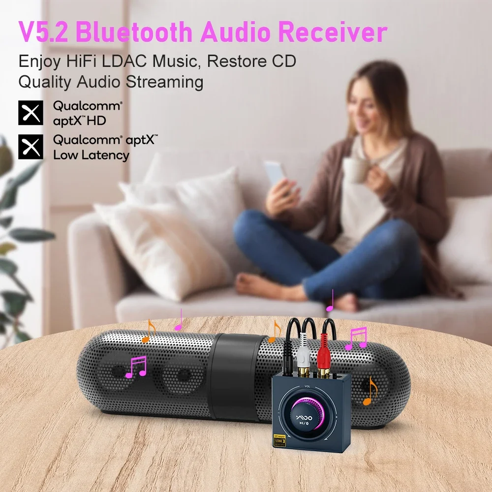 YMOO B06T3 + LDAC Bluetooth5.2 جهاز استقبال الصوت اللاسلكي 30 مللي ثانية RCA 3.5 ملم لمكبرات الصوت/مكبر الصوت من الهاتف/الكمبيوتر المحمول/الكمبيوتر اللوحي الكمون المنخفض