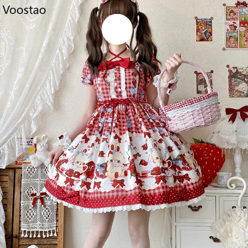 Japanese Sweet Lolita OP Dress Women Cute Lace Strawberry Rabbit Print Red Plaid Tea Party Dresses Vintage Kawaii Princess Dress