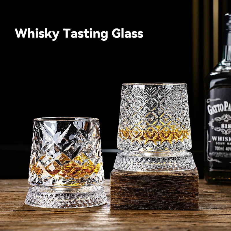 

BOLTIFY Whiskey Glasses Rotating Whisky Glass with Glass Base 360 Rotate Degrees Crystal Rum Glass for Cocktail Party Drinking