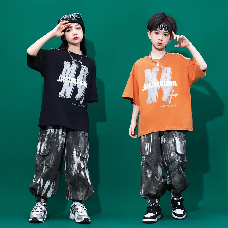 子供用半袖Tシャツ,ジャズダンス服,ヒップホップの衣装,黒の帽子,4〜15歳,夏