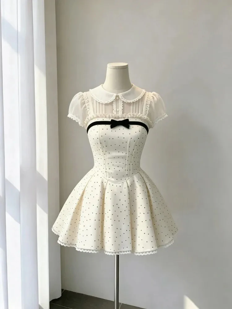 

Vintage Polka Dot Strap Dress Women's Summer 2026 New Doll Collar Short Sleeve Cover up Two Piece Set Sweet Style Office Date
