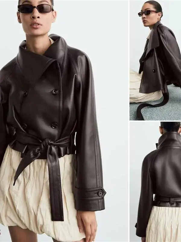 Orth Length Leatherette Jaet مع ياقة واقفة طويلة Sve مزدوجة الصدر إغلاق حزام الخصر الديكور تخفيف Sle You...