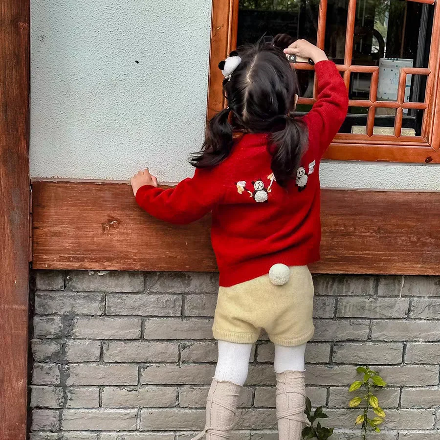 New Autumn Winter Baby Girls Double-sided Heavy Craft Hand Embroidered Panda Knit Cardigan, Versatile Kids Outerwear