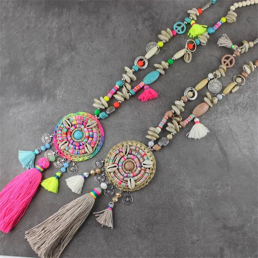 Bohemian Women Ladies Rainbow charm pendant Creative Wood Stone Bead Tassel Necklace Jewelry Gift