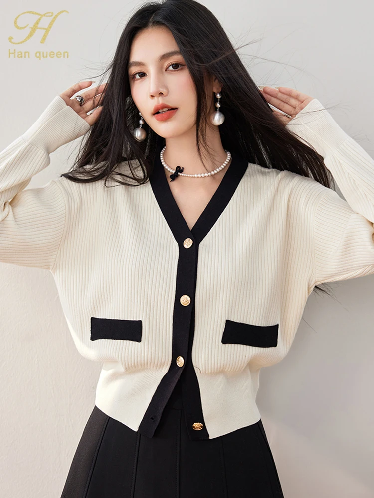 H Han Queen Autumn Winter Simple Basic Loose Color-Blocking Knitted Cardigans Sweaters Women Tops Coat Knit Long Sleeve Knitwear