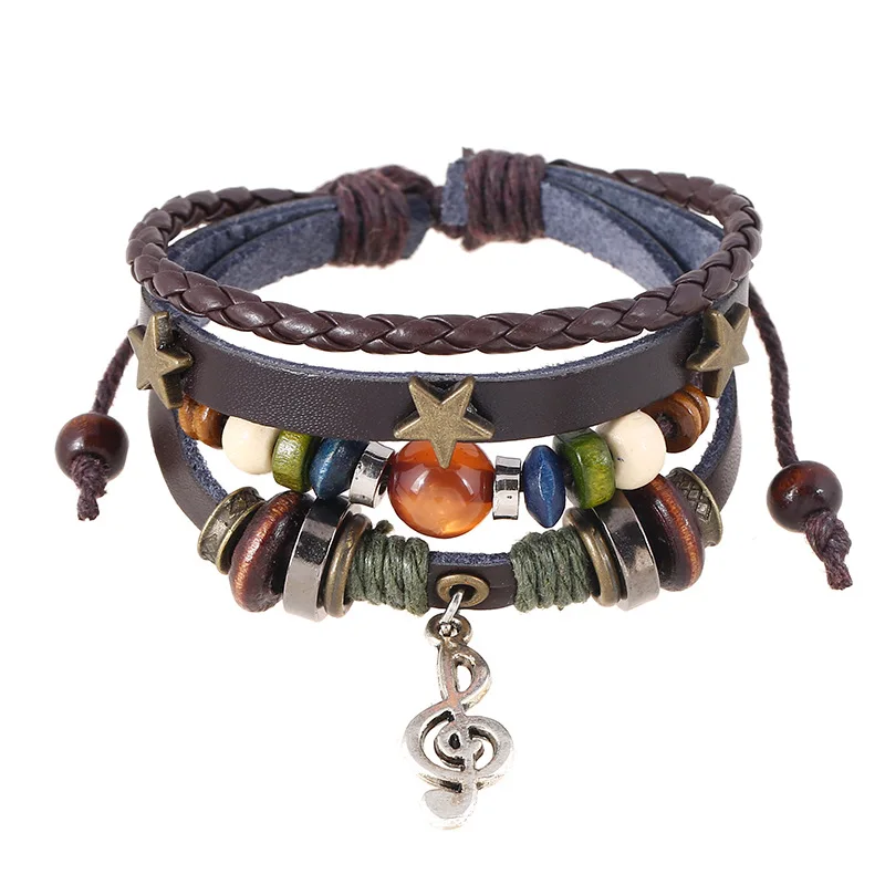 Adjustable Trendy Musical Note Wood Beads Niche Design Leather Gypsy Hippie Bracelet Hand Rope Braided Bracelet Men Bracelet