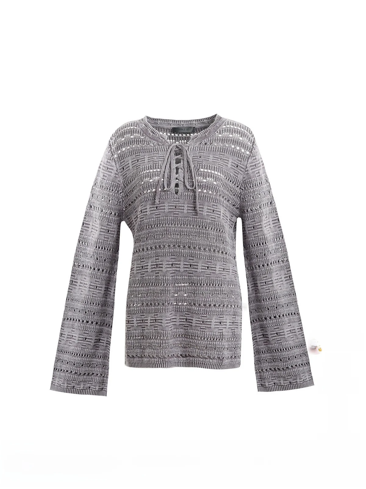 

Брендовый вязаный свитер с вырезами и поясом, повседневный, с круглым вырезом, длинными рукавами, из смесового хлопка, женский топ