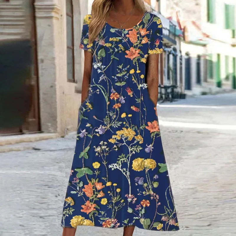 Women Vintage Floral Long Dress Boho Summer O Neck Casual Loose Pocket Short Sleeve Beach Party Dresses For Women Maxi Dress