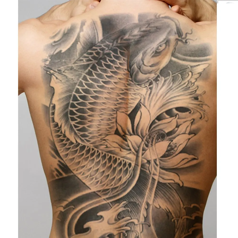 Full Back Large Tattoo Sticker Waterproof Temporary Tattoos Carp Lotus Dragon Buddha Fake Tatoo Body Art Painting For Men Women