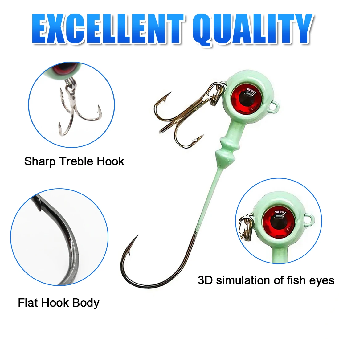 FishTrip-anzuelo con cabeza de anzuelo de pesca, vástago largo con anzuelo triple, plantillas luminosas brillantes para lubina, trucha, tipo de pez panfish, aparejos de pesca, 5 uds.