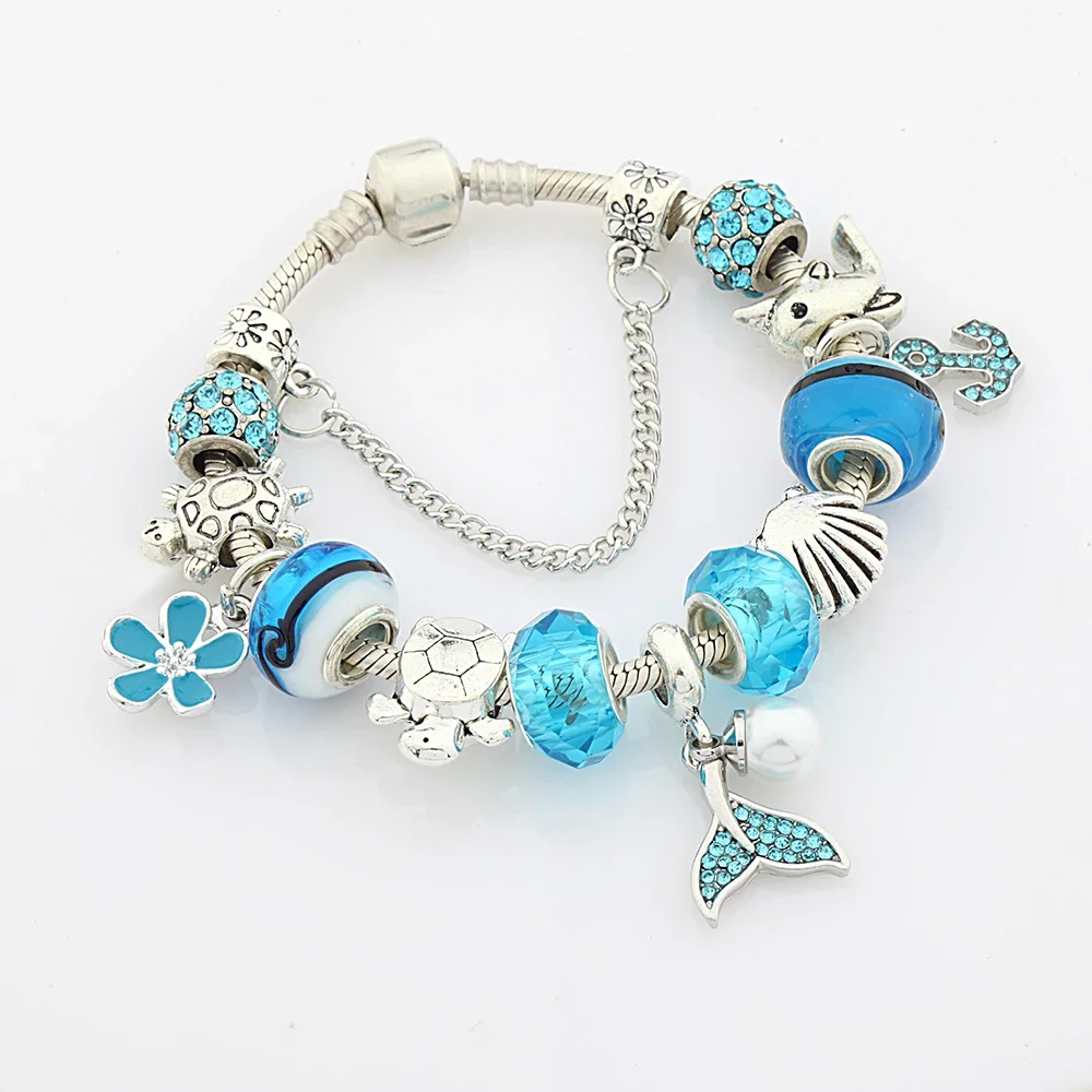 Stylish Blue Crystal Mermaid Flower Turtle Dolphin Charms Bracelet for Women Kids Gift Ocean Series Jewelry