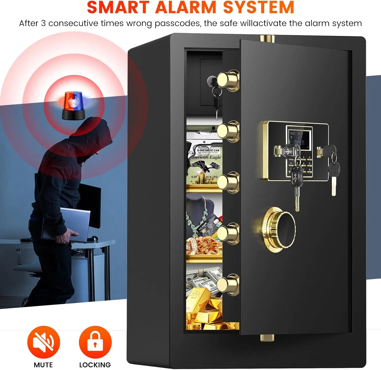 صندوق أمان فولاذي عالي التحمل مقاوم للحريق ومقاوم للماء مع حقيبة مقاومة للحريق، قفل مجمع وخزانة داخلية، خزائن مقاومة للحريق