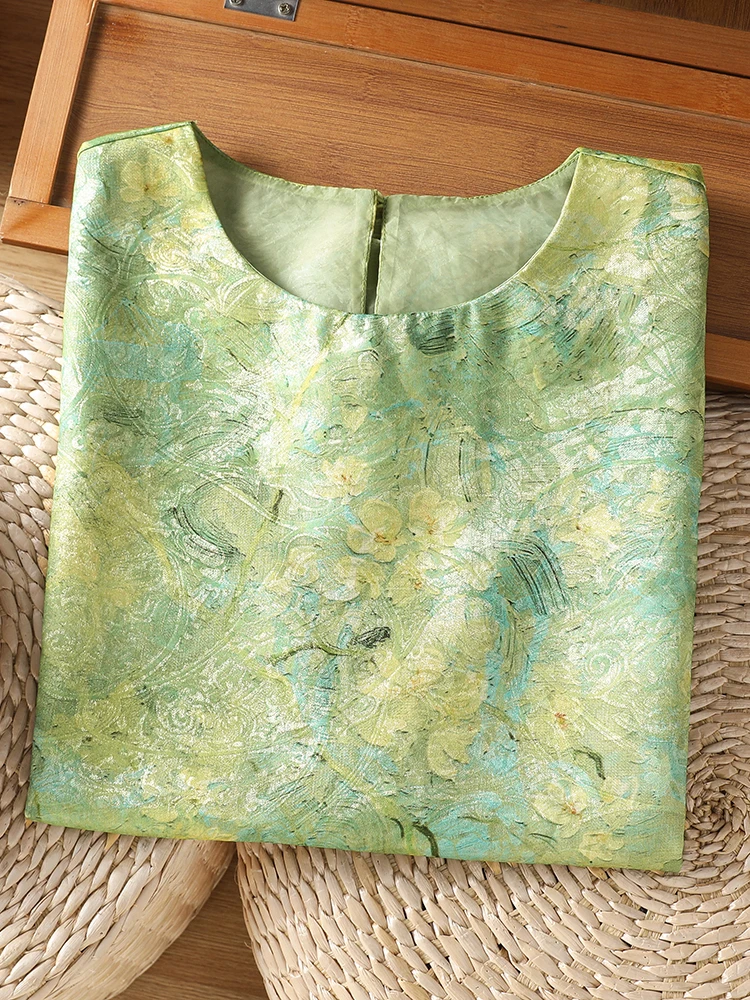 Light National Style Oil Painting Print Sleeveless Vest Women's Summer Loose Skin-friendly Mesh Top round Neck Inner Wear
