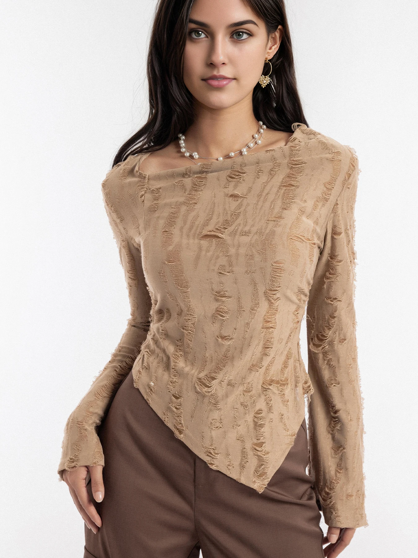 

Women's Spring/Summer 2025 Knitted Asymmetrical Top Elegant Flare Sleeve Make Old Hole Fabric Chic Top Trendy Streetwear Blouse