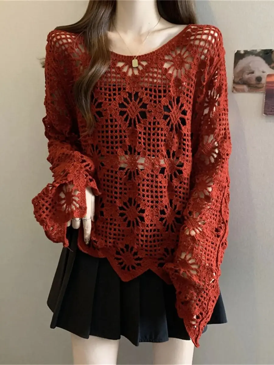 

French Vintage Lace-Up Knit Pullover Jumper Top Stylish Women's Spring/Fall Oversized Loose Sun Protection Knitwear Tops