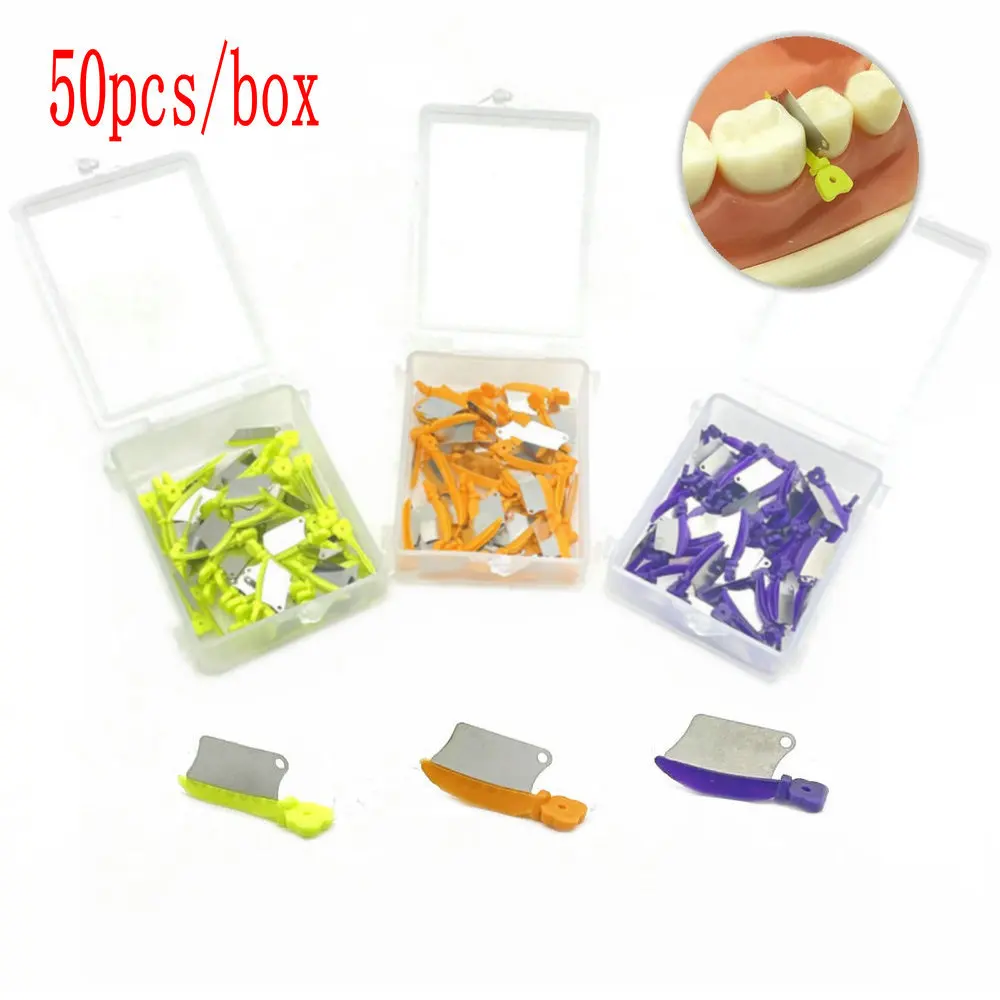 

HussanDental 50 Pcs/box Dental Wedge Knife Prime Teeth Interproximal Plastic Wedge Knife with Dental Stainless Steel Matrix