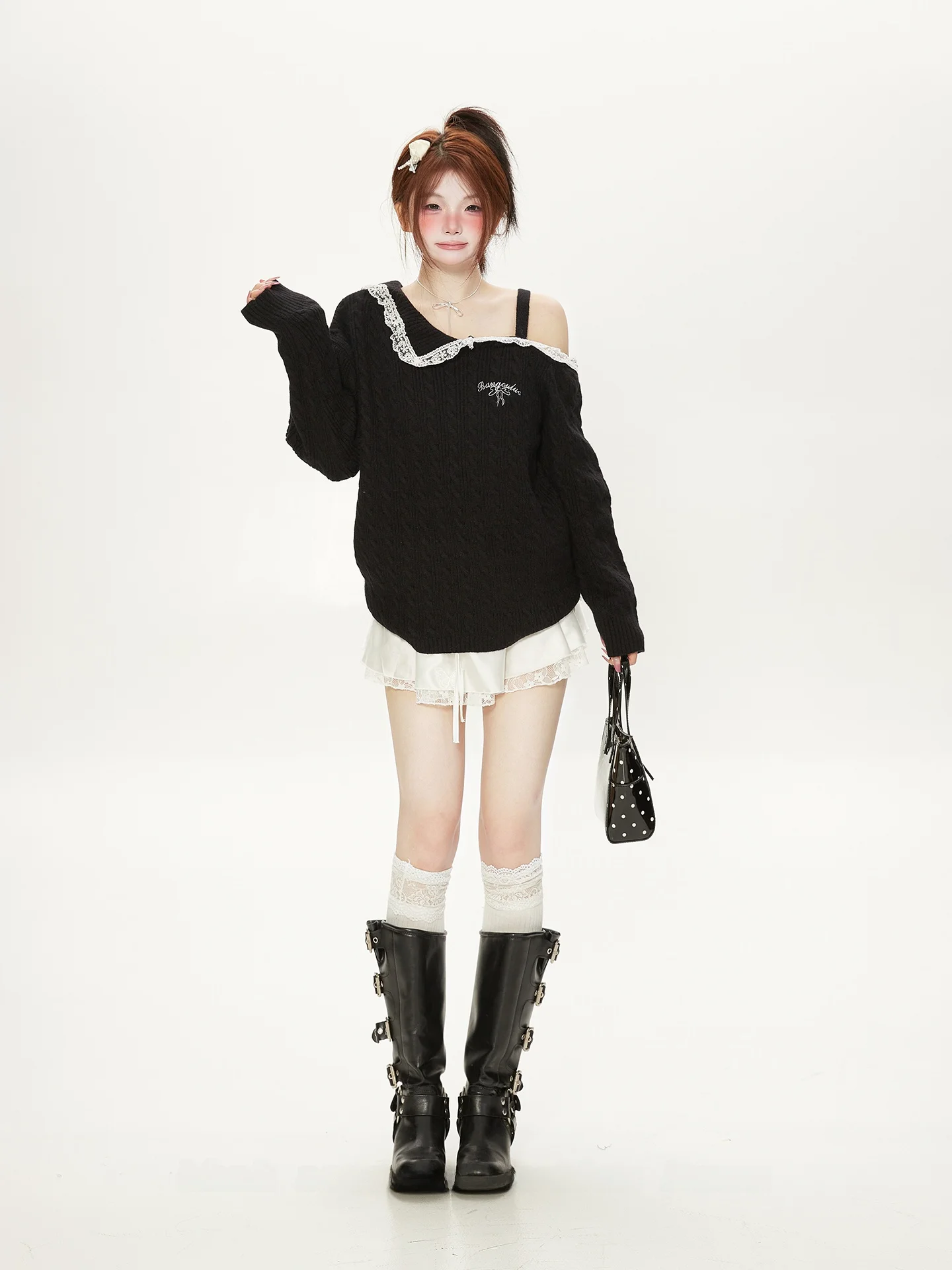 

Sweet Lace Splice Pure Desire Slope Shoulder Strap Sweater Women's Autumn New Super Beautiful Twisted Knitted Shirt