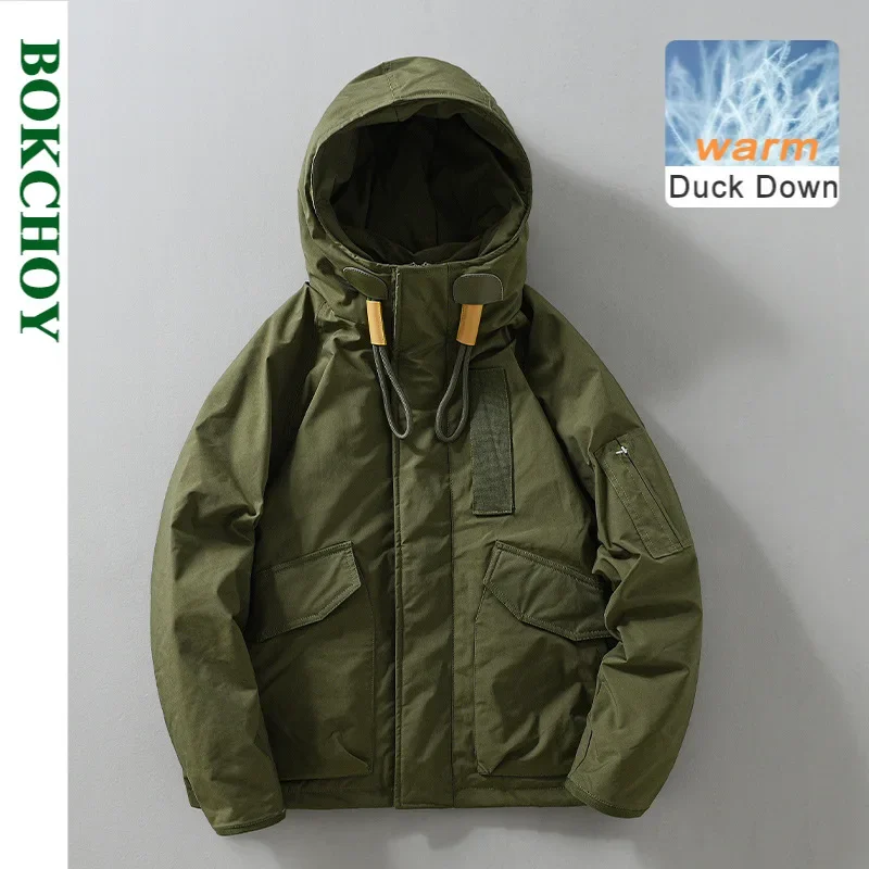 

2024 Winter New Cargo Hooded 85% White Duck Down Thicked Men Jacket Casual Big Pockets Keep Warm Zipper Down Jacket J236