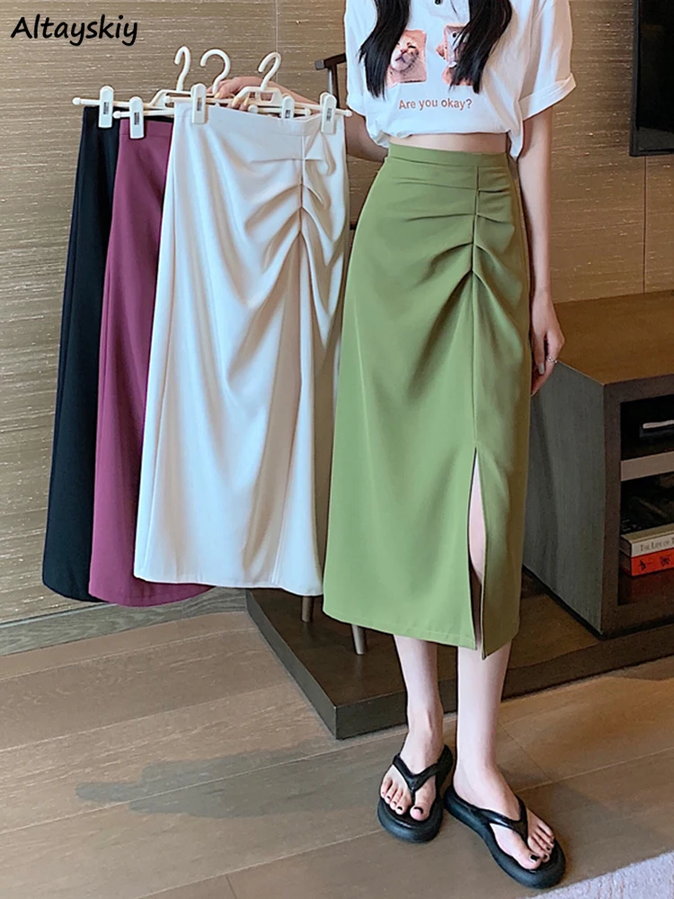 

Skirts Women Irregular Medium-long Side-slit Korean Style Chic High Waist Folds Fashion Sexy Faldas Casual Young Simple Summer