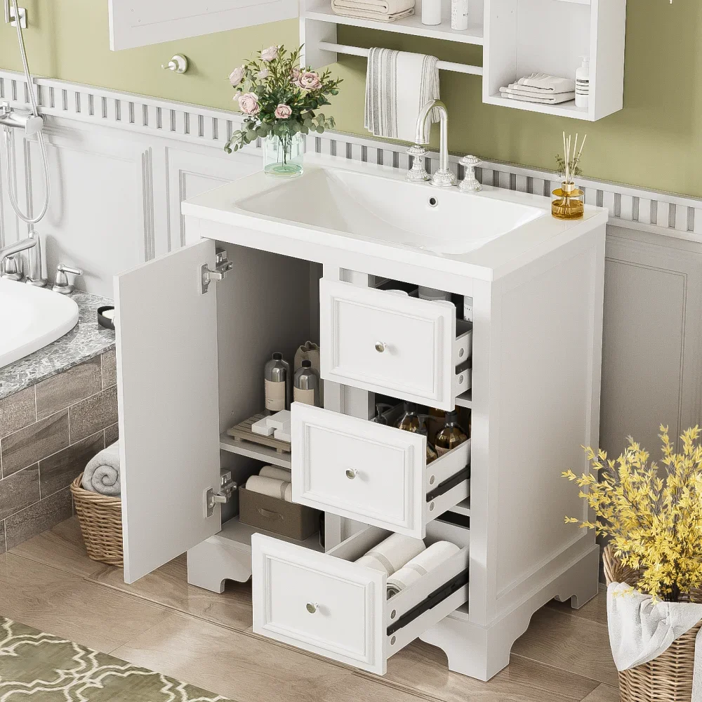 30 Inch Bathroom Vanity with Sink, Modern Elegant Bathroom Storage Cabinet with 3 Drawers and Adjustable Shelves