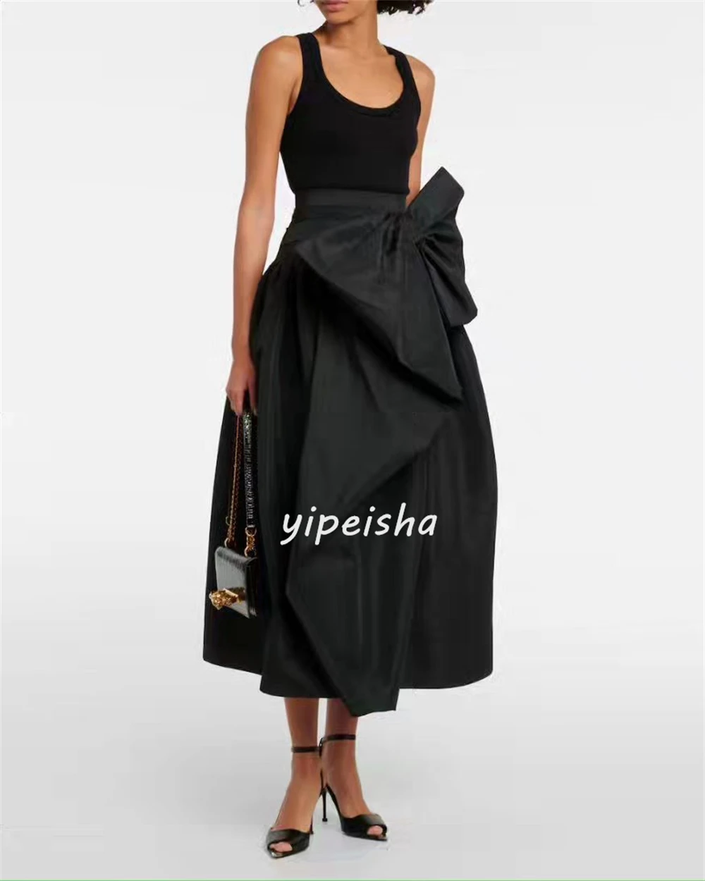 High Quality Simple Jersey Bow Pleat Ruched Draped A-line Scoop Neck Midi Dresses Homecoming Dresses Sizes Available Matching