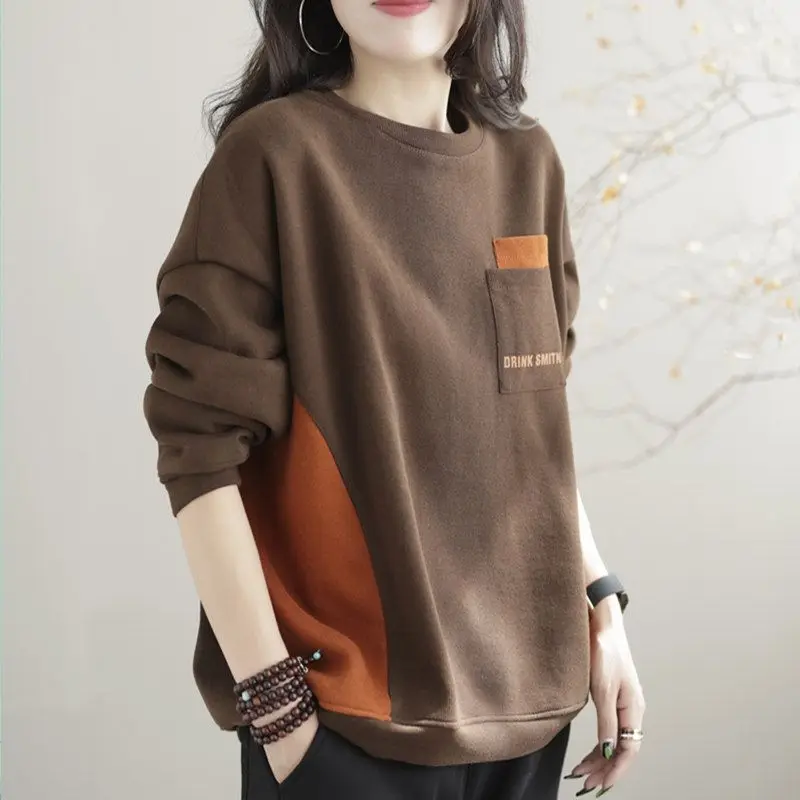 Vintage Patchwork Pocket Color Contrast Sweatshirts Women New Long Sleeve Plush and Thicken Casual O-collar Pullover Lady Top