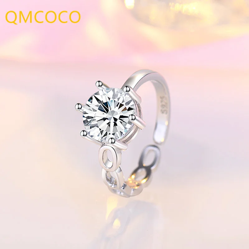 QMCOCO Silver Color 2021 Summer New Hot Sell Simple Elegance Rings For Women Six Claws Zircon Open Rings Birthday Presents