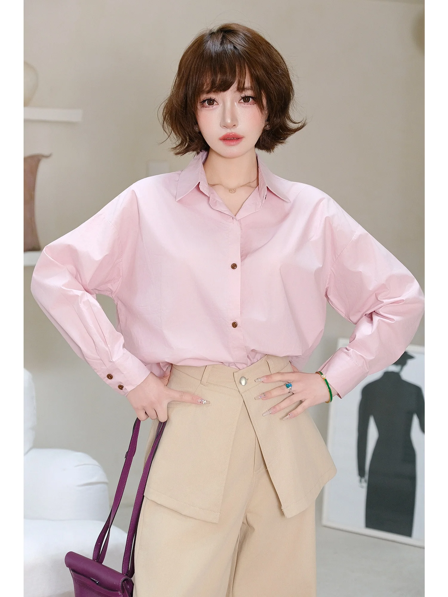 

MIUCO Korean Style Loose Long Sleeve White Enhancing Pink Shirt Women's Fashionable Minimalist Versatile High Collar Top