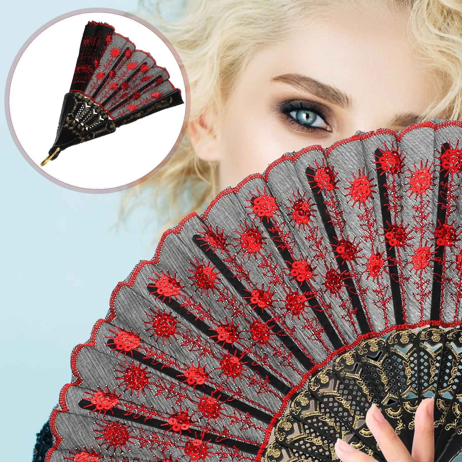 

Beautiful Foldable Fan for Women Spanish Embroidered Hand Fan Purple Sequin Dancing Fan Wedding Party Art Craft Gift Decor