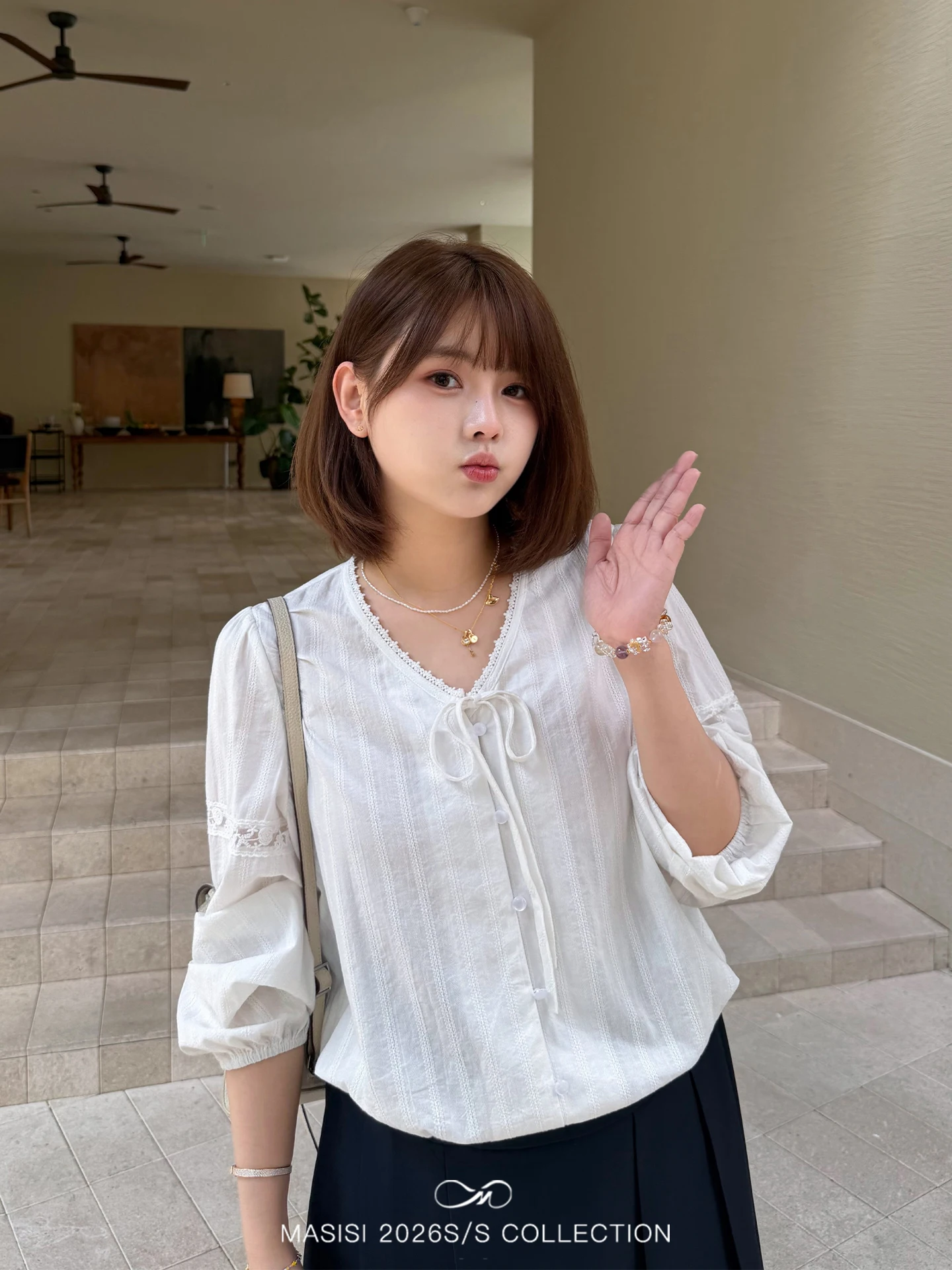

Mashixi plus Size Women's Shirt Korean Style V-Neck Lace Trim Belted New Arrival Casual Loose Fit Long Sleeve Cotton Shirt