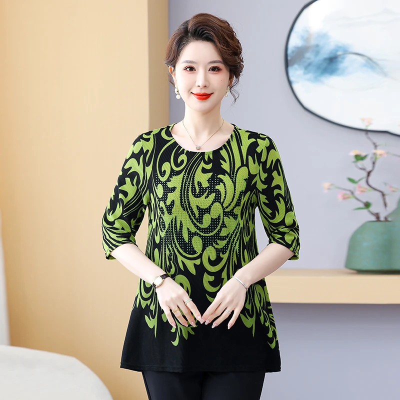 المرأة الجولة الرقبة الربيع الصيف جديد الحد الأدنى تخفيف المطبوعة الماس 3/4 كم فضفاض ميدي البلوز تي شيرت بلايز حجم كبير #5