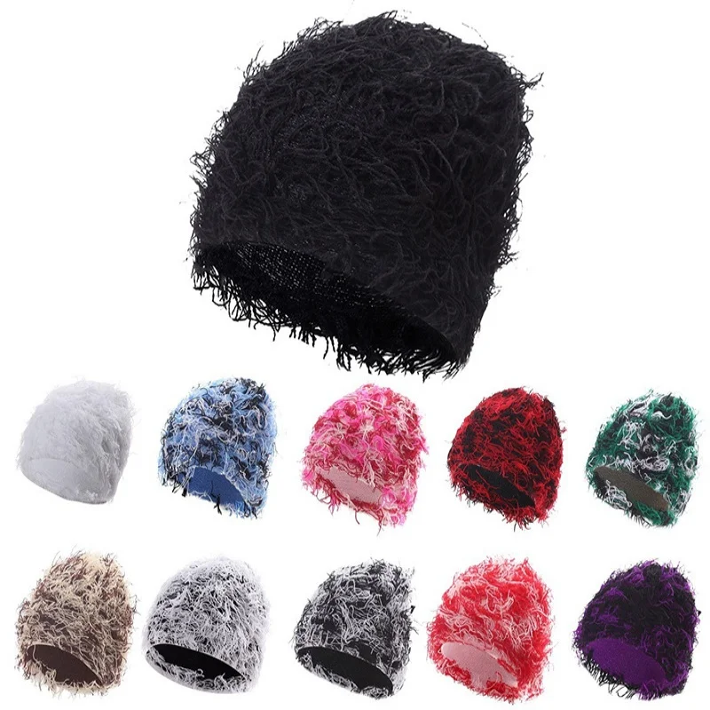 Balaclava Beanies Men Funny Hat Outdoor Camouflage Plush Fuzzy Distressed Knitted Hat Ski Mask Beanie Fashion Street Hip Hop Cap