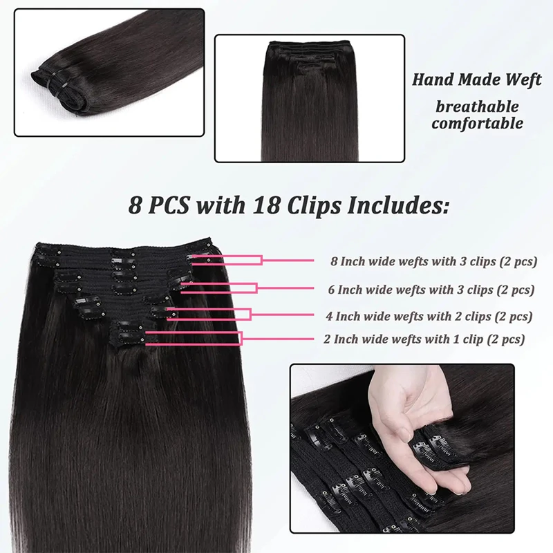 Extensions de cheveux humains à clipser, vrais cheveux raides, 120 cheveux humains brésiliens Remy, 22-24 pouces, 100% g