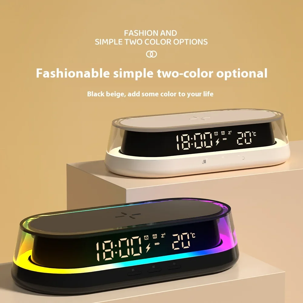 15W Wireless Charging Mobile Phone Holder Digital Clock Display Symphony Lights with Adjustable Brightness Bedroom Night Light