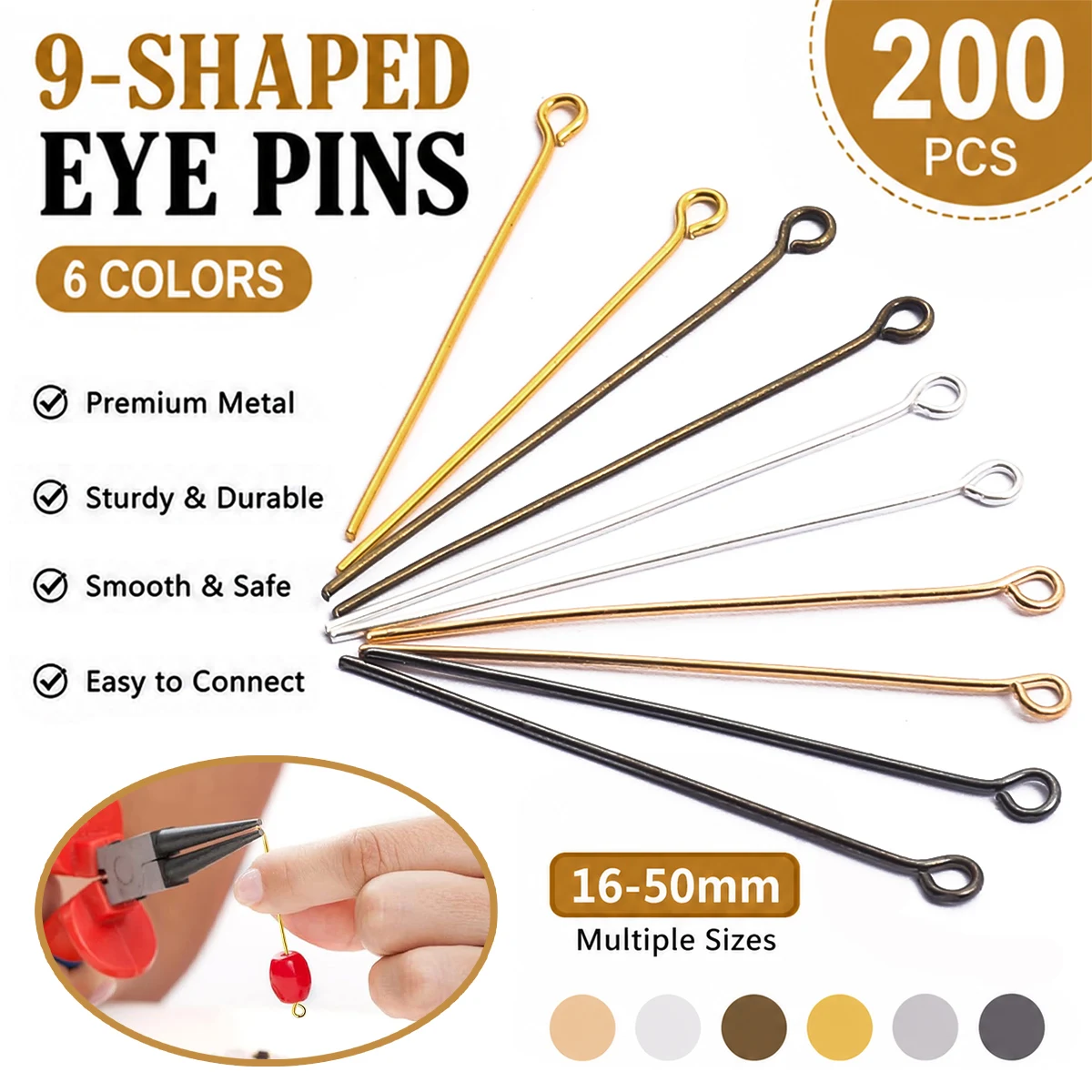 200pcs Metal 9-Shaped Jewelry Eye Pins - 6 Colors Professional Connectors for Earrings, Bracelets & DIY Crafts 16-50mm 8 Sizes